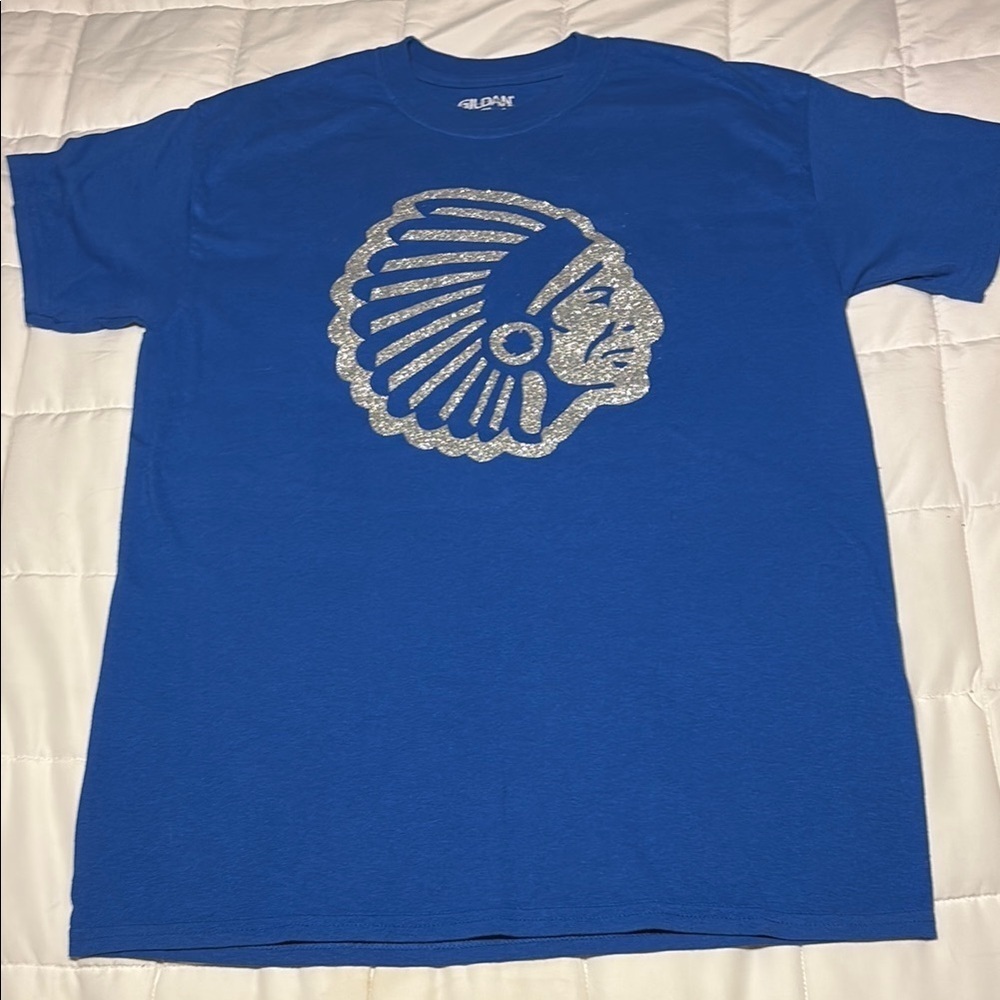 Gildan Silver Warrior Head on Blue Short Sleeve Tee